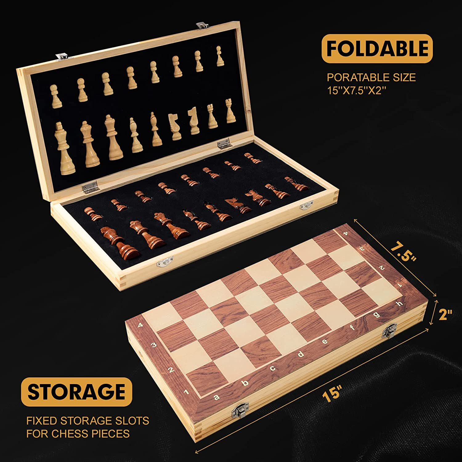 15" x 15" Magnetic Wooden Folding Chess Set with 2 Extra Queens, Handmade Game B