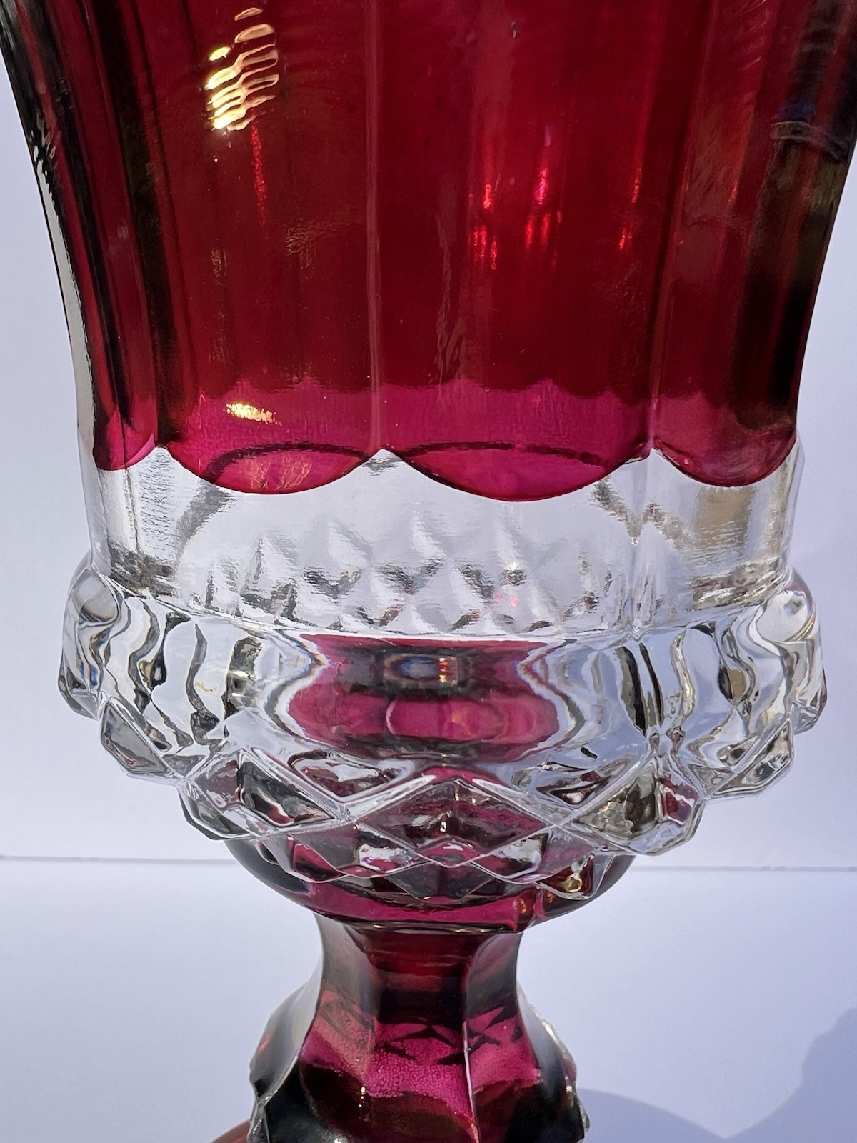 Antique 1890’s Victorian Ruby Flash EAPG 12 Panel Pedestal Celery Vase 10”
