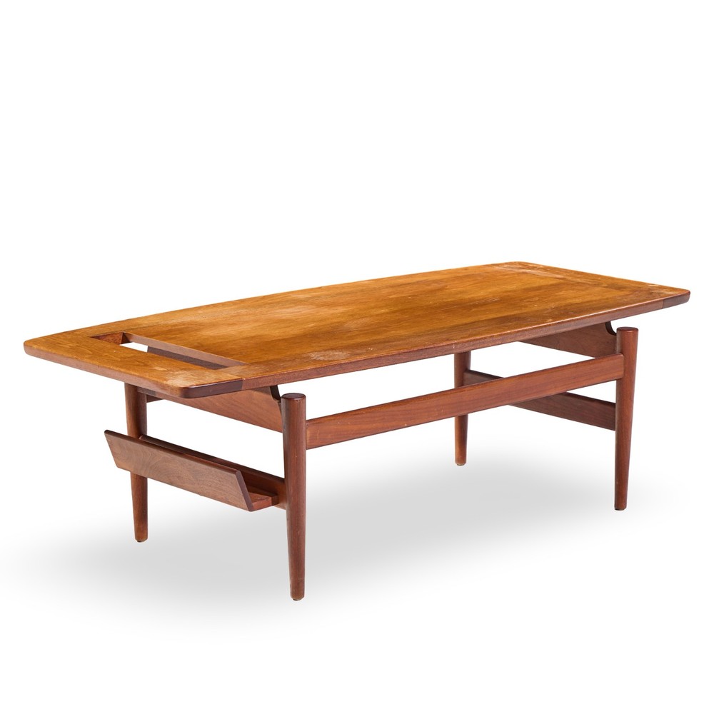 Jens Risom Model T-390 Mid Century Walnut Coffee Table with Magazine Rack