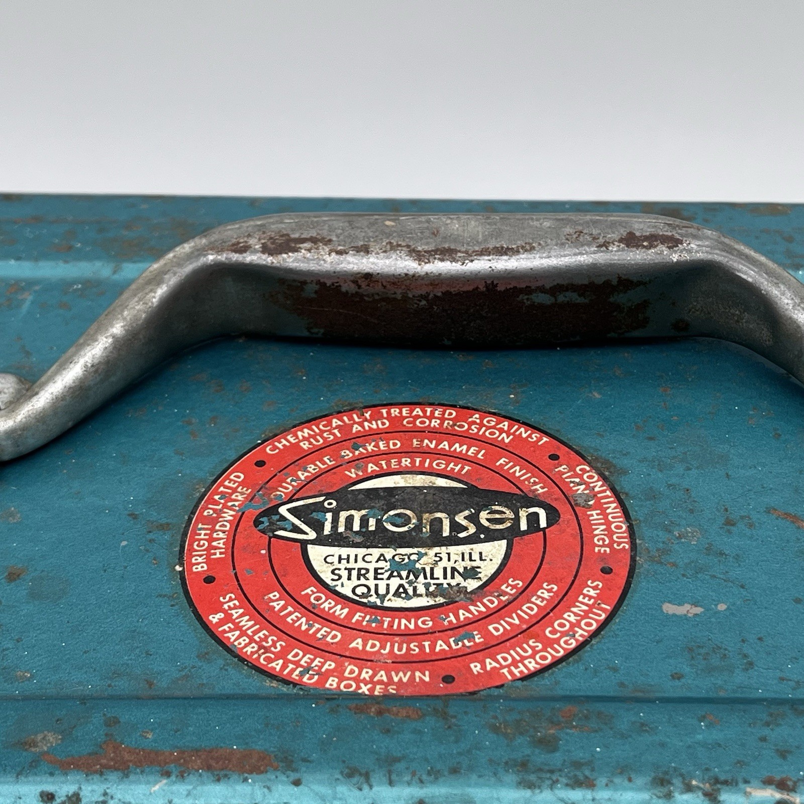 VTG Simonsen Green Teal Metal Tool Tackle Box 14" x 8" 2 Trays Industrial Patina