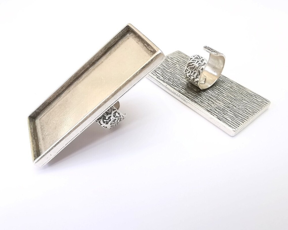 Large Rectangle Ring Blank Settings Cabochon Mounting, Adjustable Antique Silver