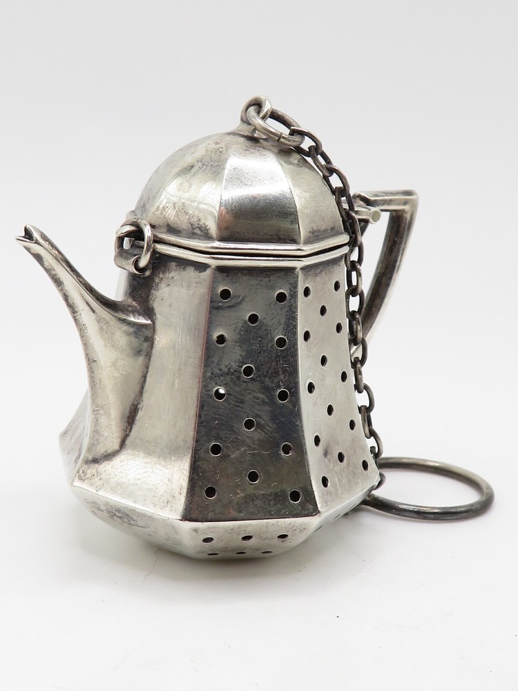 ANTIQUE VICTORIAN STERLING SILVER TEABALL KETTLE STRAINER - TEAPOT SHAPE *