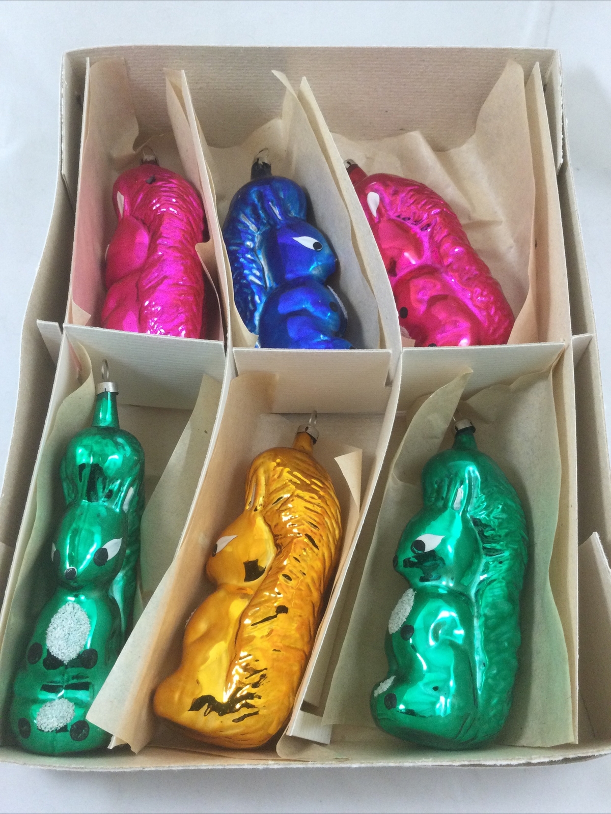 vintage hand made Czech glass squirrel christmas ornament box of 6