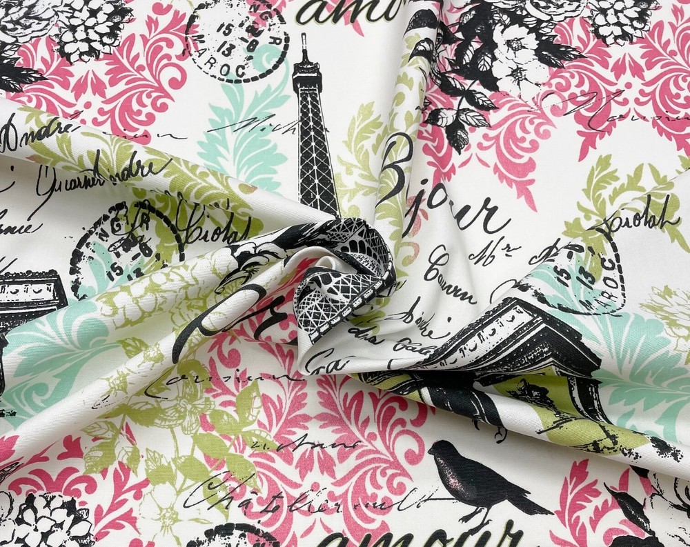 RICHLOOM CREPE DIVA PINK EIFFEL TOWER PARIS SCRIPT MULTIUSE FABRIC BY YARD 54"W