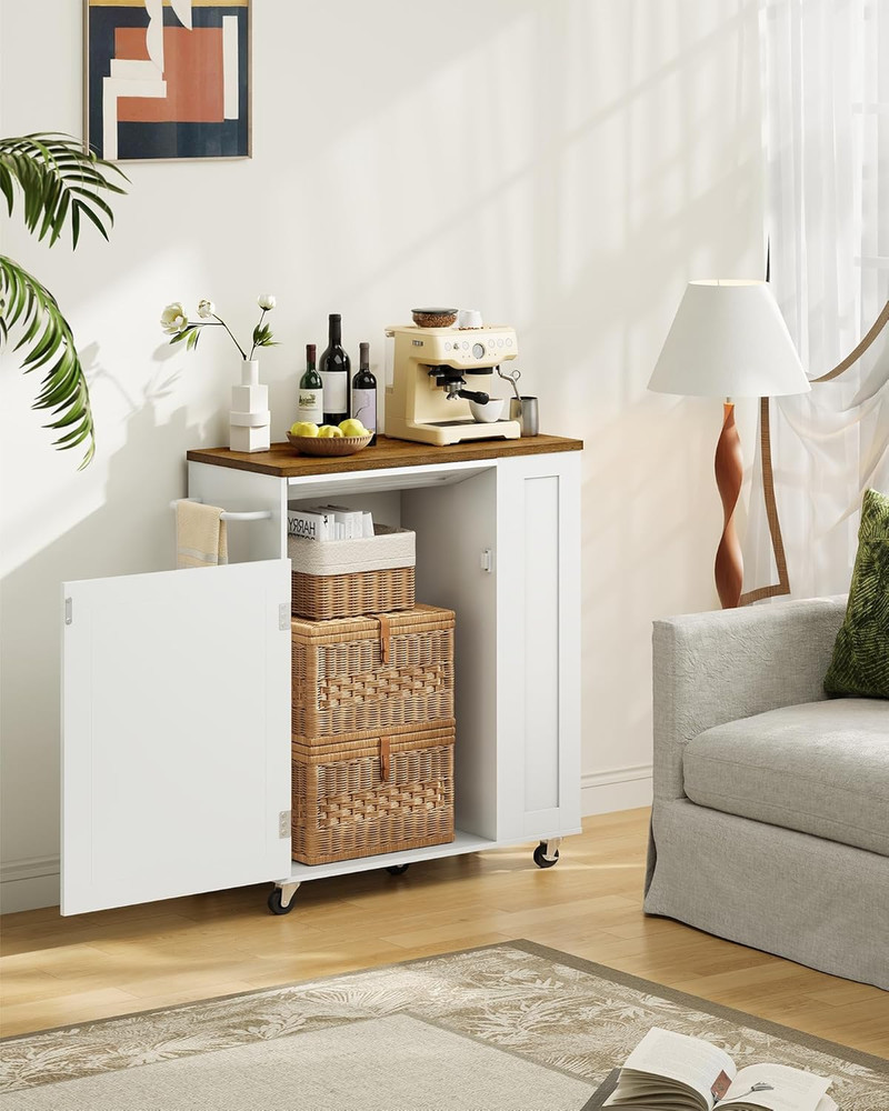 Mobile Kitchen Island Cart with Storage & Hidden Trash Bin - White/Walnut