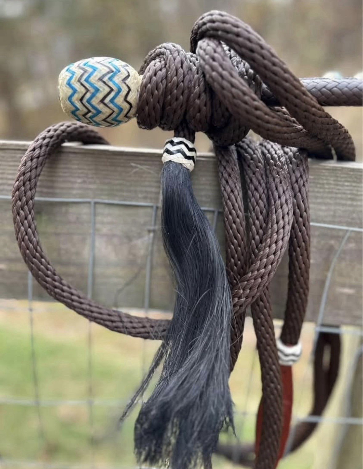 Natural Rawhide Bosal with Brown Nylon Mecate with Hair Tassel Bitless Hackamore