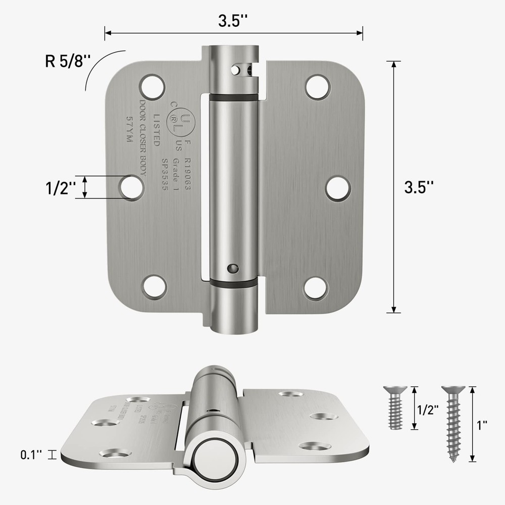 2 Pack 3.5 Inch Self Closing Spring Loaded Door Hinges (Brushed Nickel)