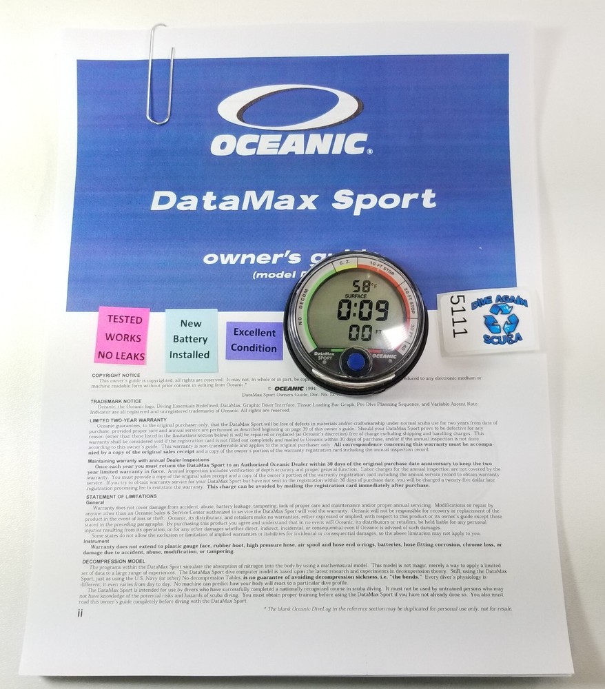 Oceanic Datamax Sport Puck Scuba Dive Computer + Manual NICE!!! #5111