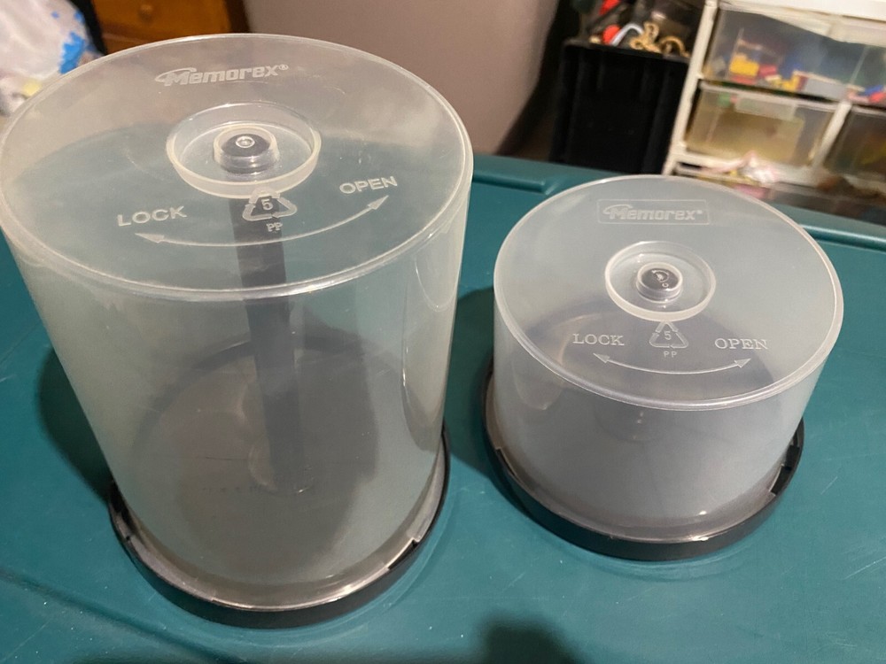 2 cakebox CD/DVD plastic storage containers w/ spindles - 50-count; 100-count