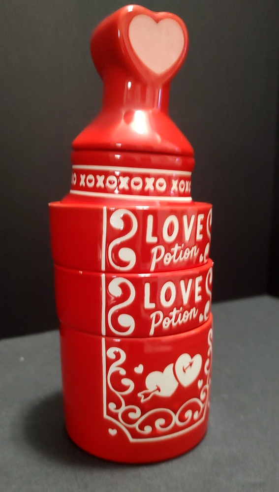 Red Ceramic Love Potion Bottle Shaped Stacking Measuring Cup Set 9" Tall