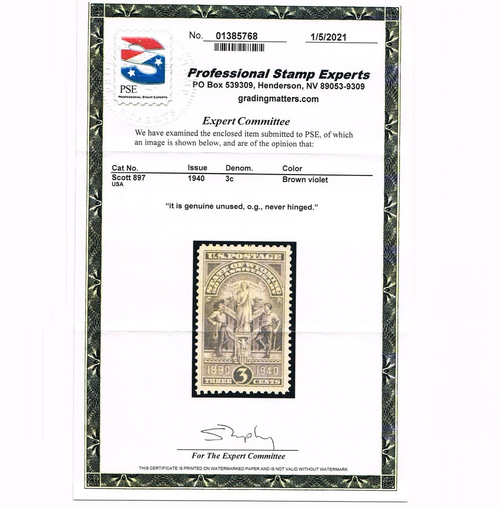 EXCEPTIONAL GENUINE SCOTT #897 MINT PRISTINE OG NH PSE CERT - WYOMING #20811