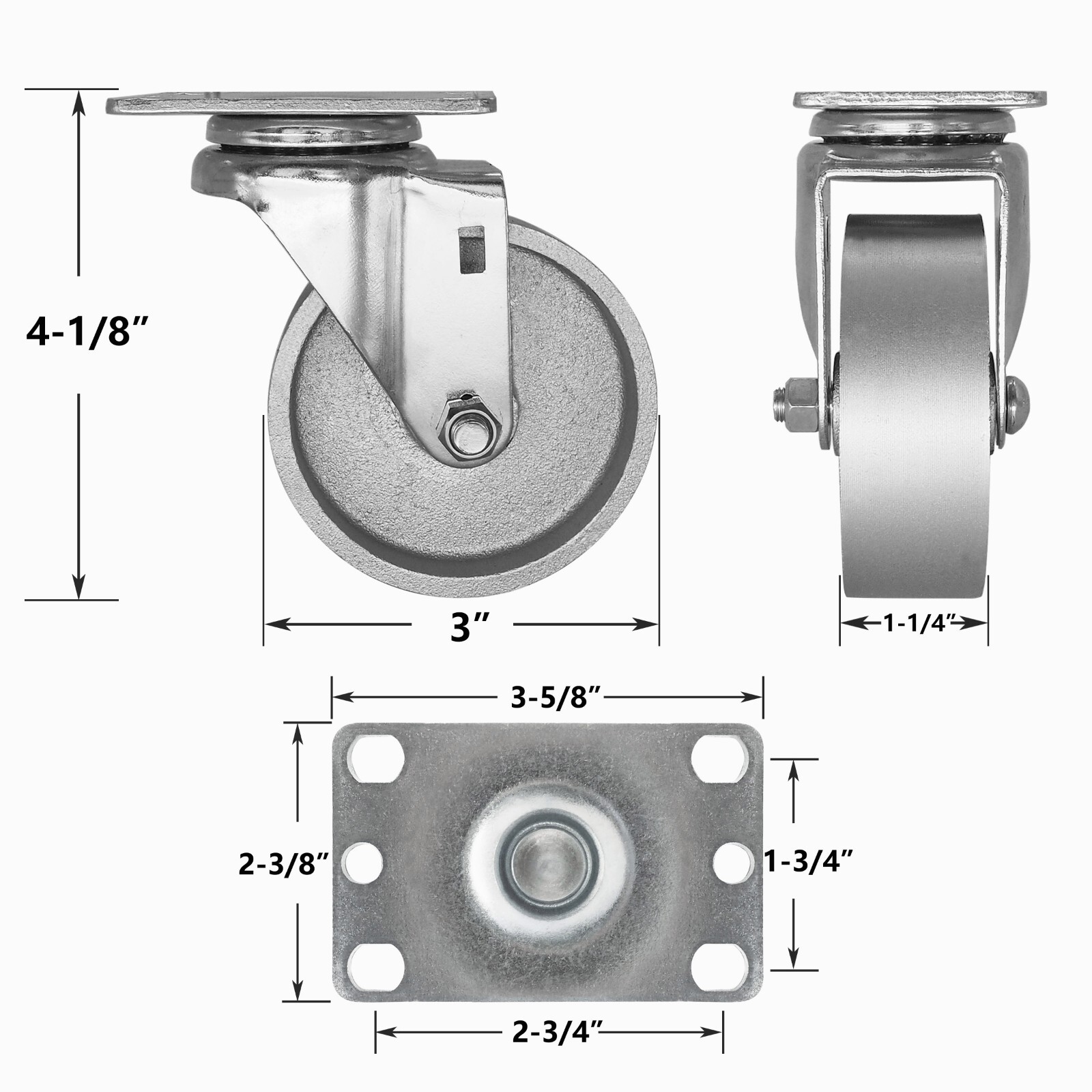 Syration's 3inch Industrial small Casters,Steel plate Casters set of 4(4 Swivel)
