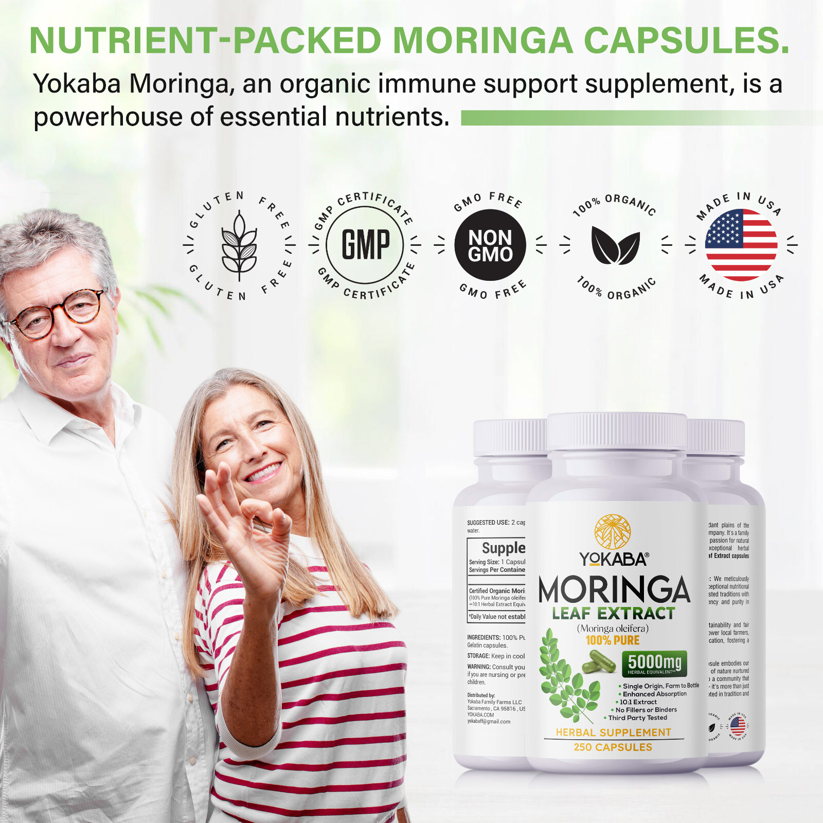 250 Capsules Moringa Oleifera Leaf Powder 5000mg - Organic Herbal Extract YOKABA