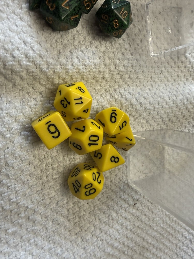 2 Polyhedral game dice sets, Green & Yellow + Black 35 Mini Dice