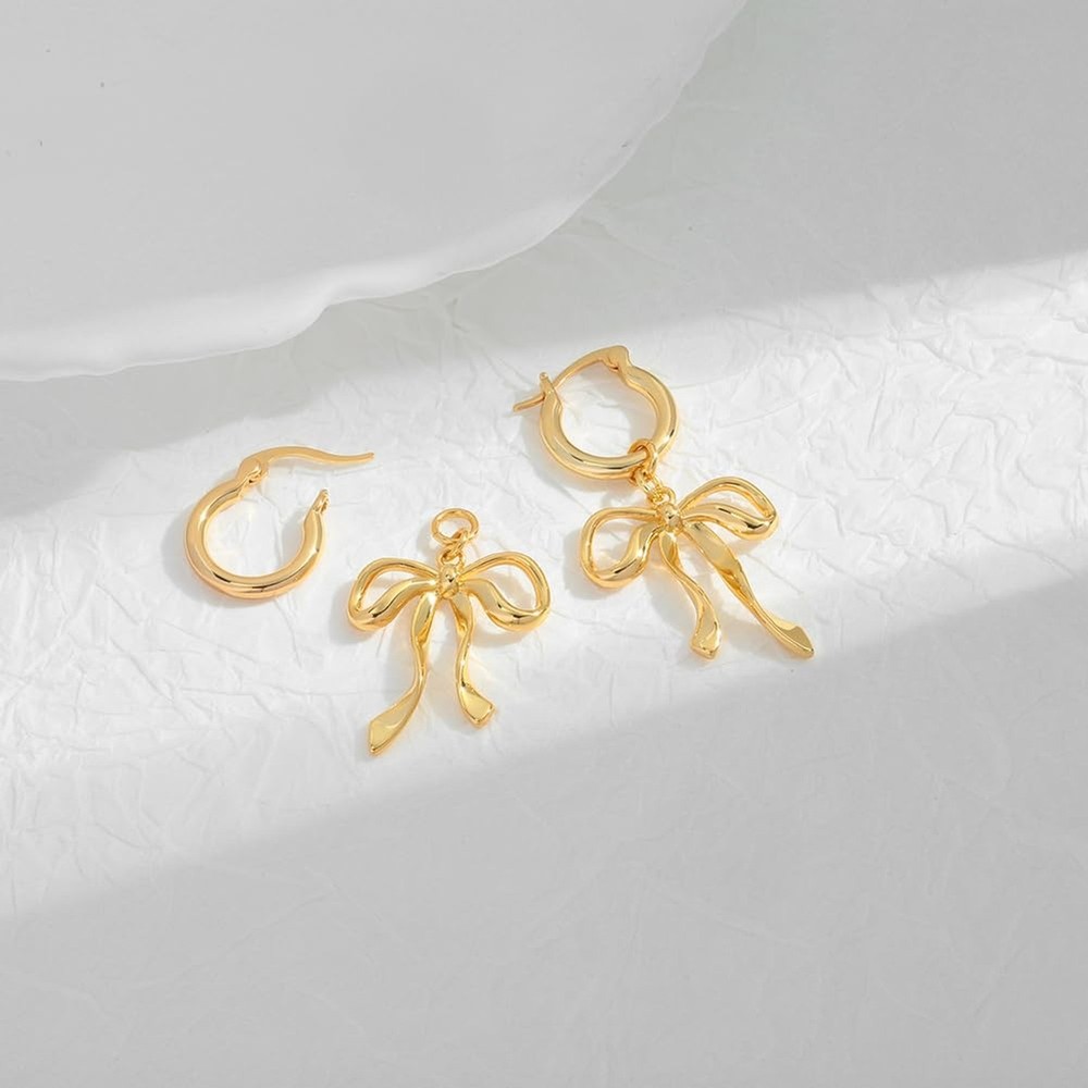 Gold Plated Bow Studs and Dangle Earrings - Silver Bow Statement Earrings Gift