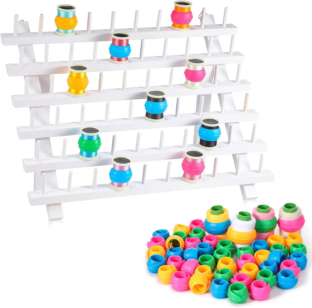 60 Spools Wooden Thread Rack and 48 Pcs Thread Spools Savers/Spool Huggers with