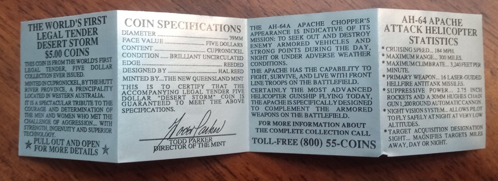 1991 Desert Storm Coin - AH64 Apache Attack Helicopter