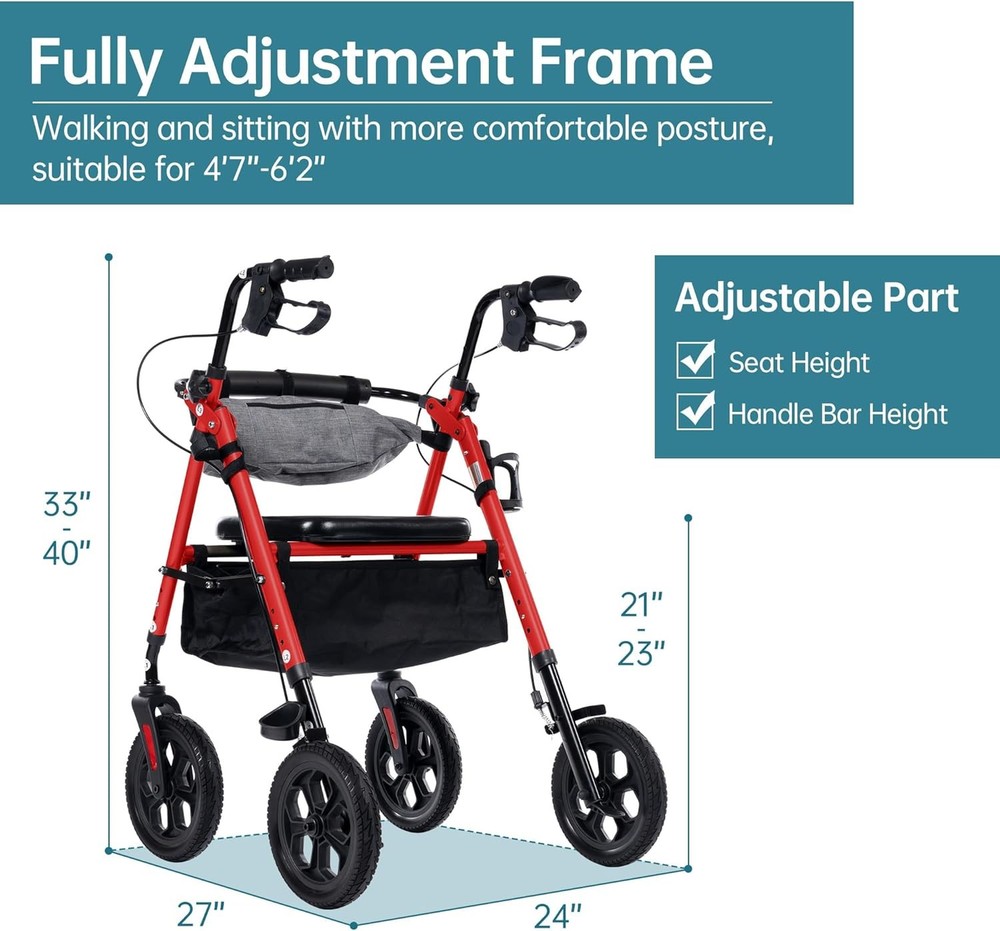All Terrain Rollator Walker 10 Inch Wheels Seat Backrest Adjustable Red