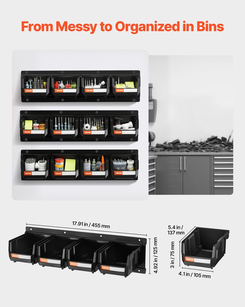 VEVOR Wall Mounted Storage Bins 12 pcs Hanging Stackable Storage Bin Black