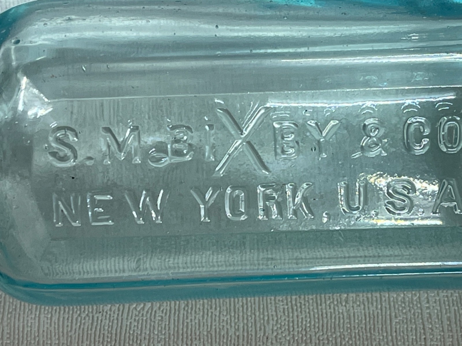 Early 1800's - 1900's Aqua Bottle S.M. BIXBY & CO NEW YORK USA Blow Mold