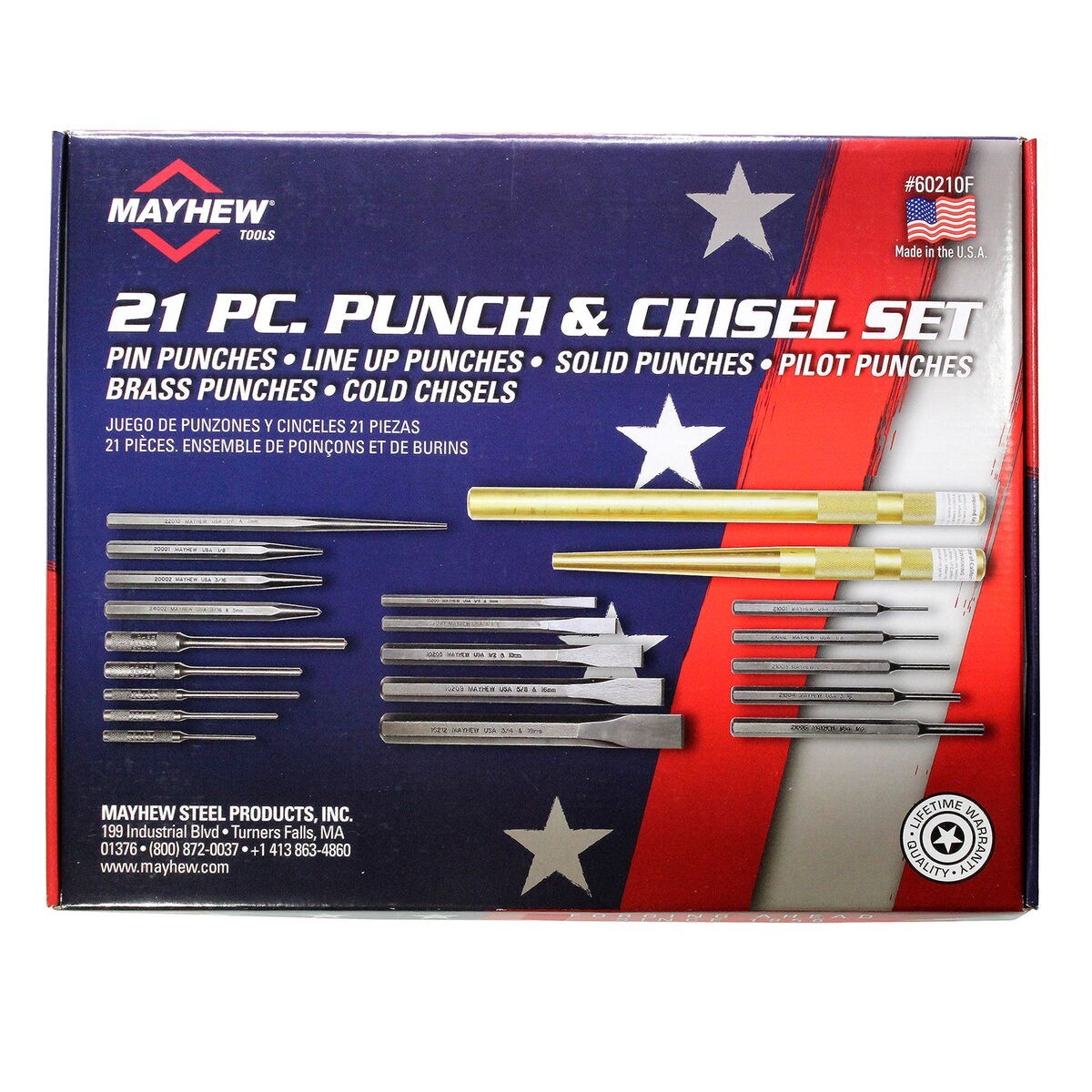 Mayhew 21pc Punch and Chisel Set 60210F w Foam Block Pilot Pin Solid Made in USA