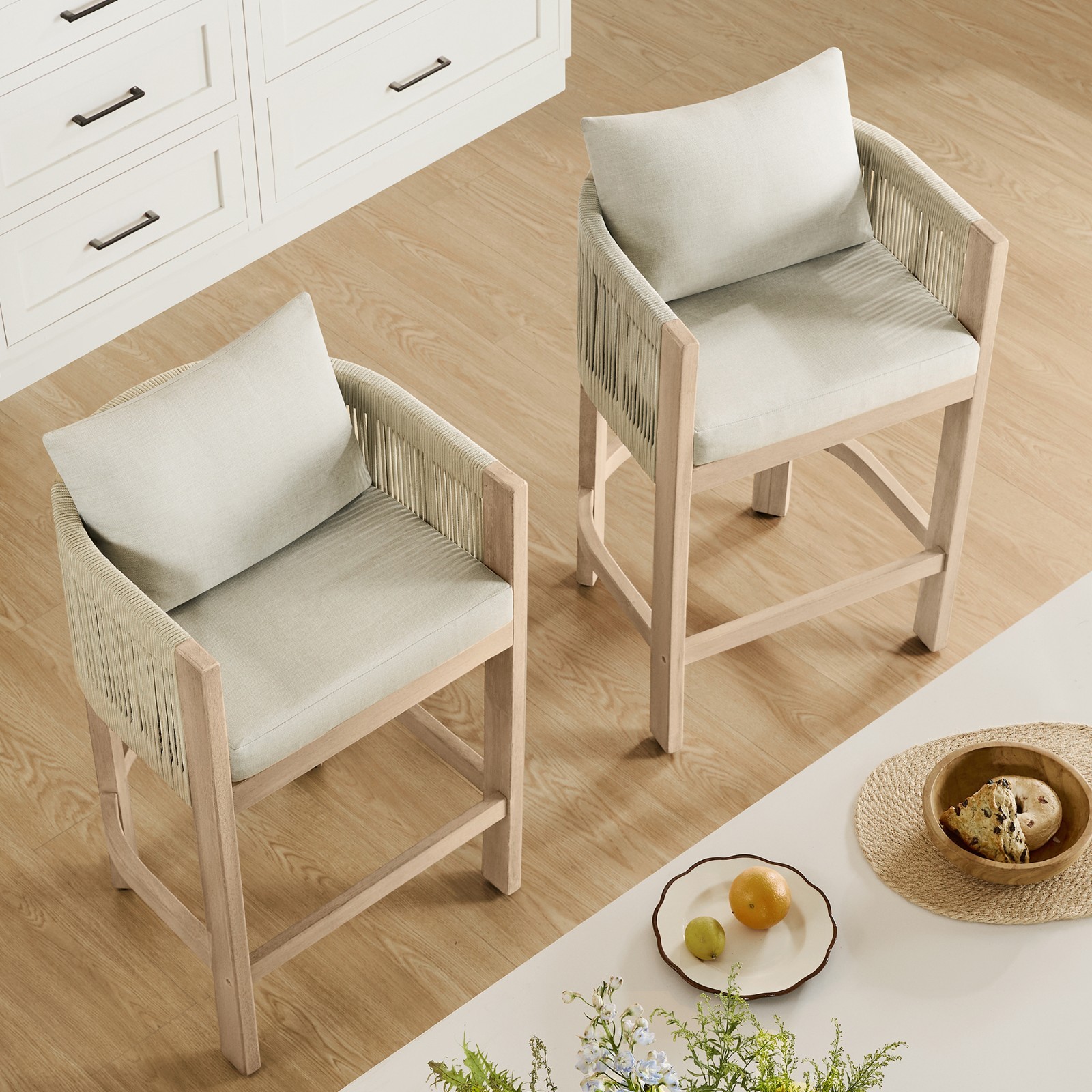 CHITA Cord Braid Barstools Set of 2,Modern Outdoor Woven Rope Counter Stools