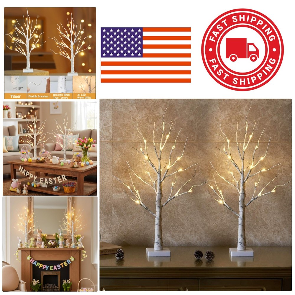Lighted Birch Tree Easter Decorations 2FT White Mini Trees with 24 LED Lights