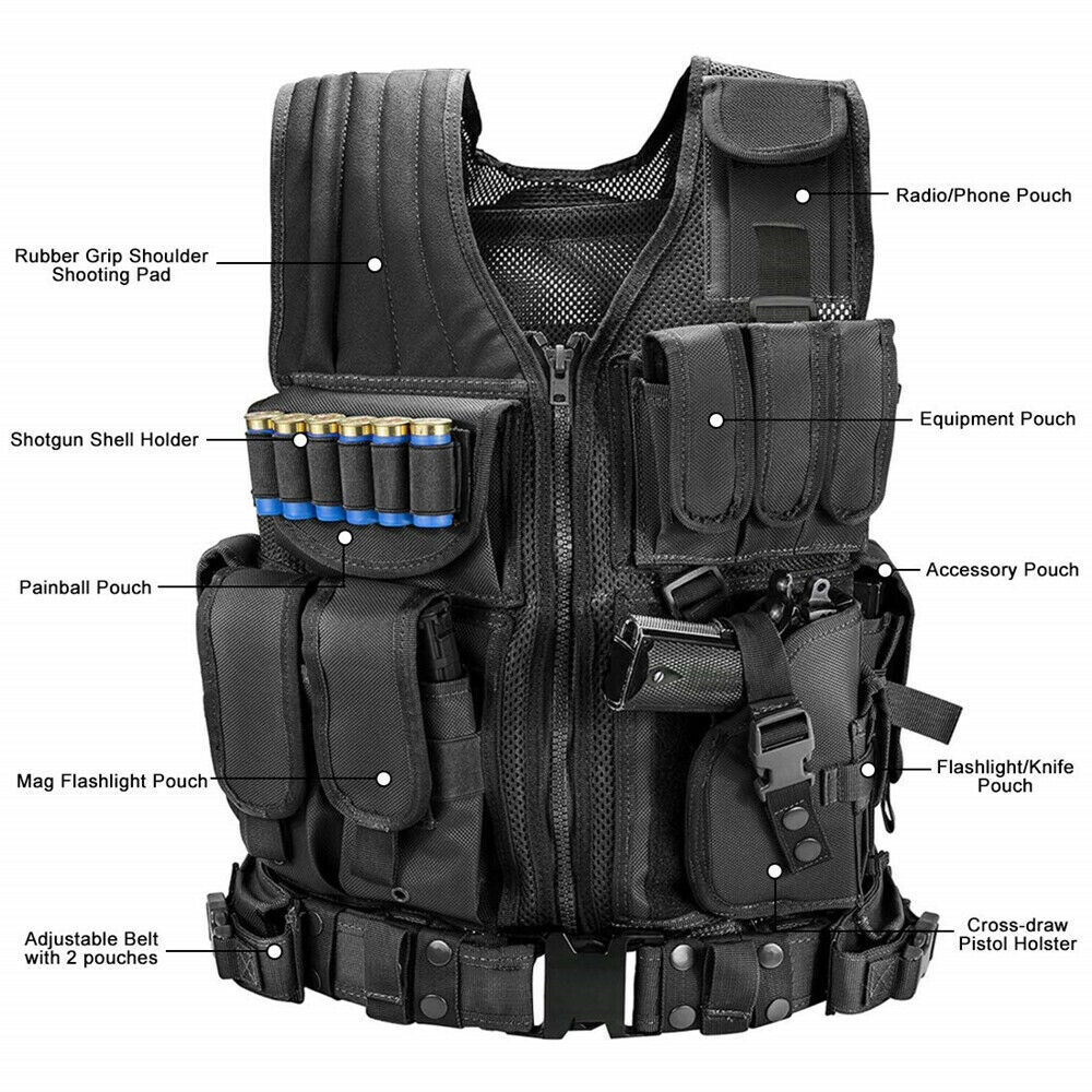 U.S Tactical Vest Military Police Airsoft Hunting Combat Training Gear Black