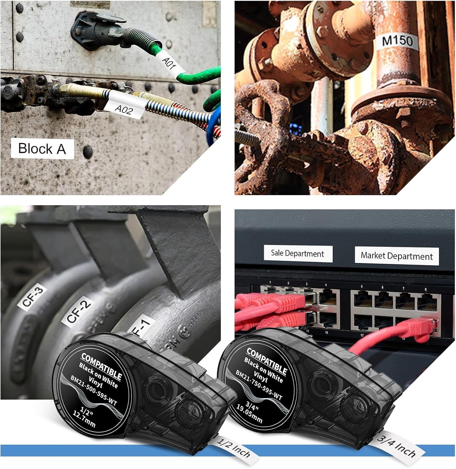 For BMP21 Label Cartridge M21-750-595-WT Black/White Vinyl 3/4" x21'