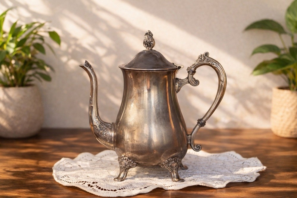 Vintage Ornate Floral Silverplate Footed Coffee Pot Teapot Victorian Rococo