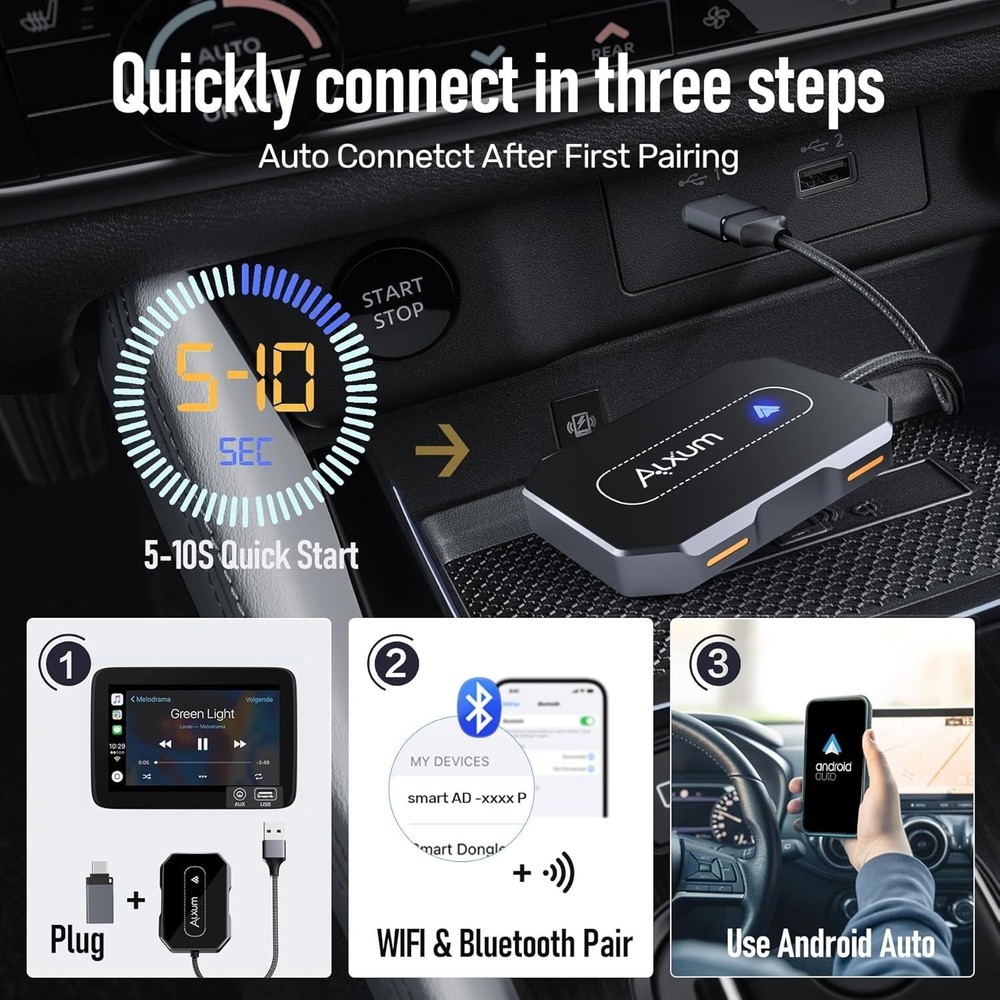 Compact Wireless Android Auto Dongle with Automatic Pairing & Sound Quality