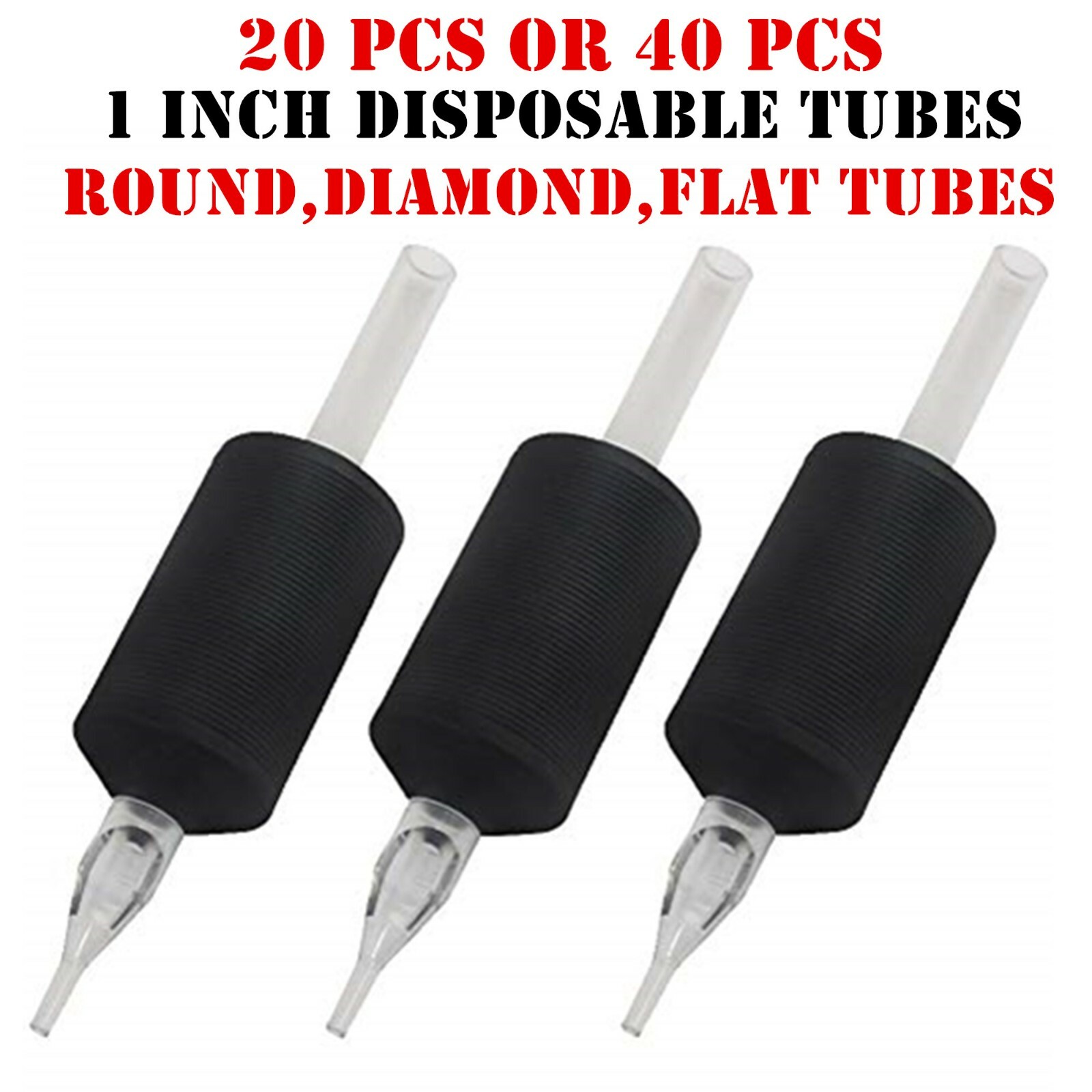 20/40 PCS 1 Inch 25MM Tattoo Disposable Tube Clear Tips: Round, Flat, Diamond
