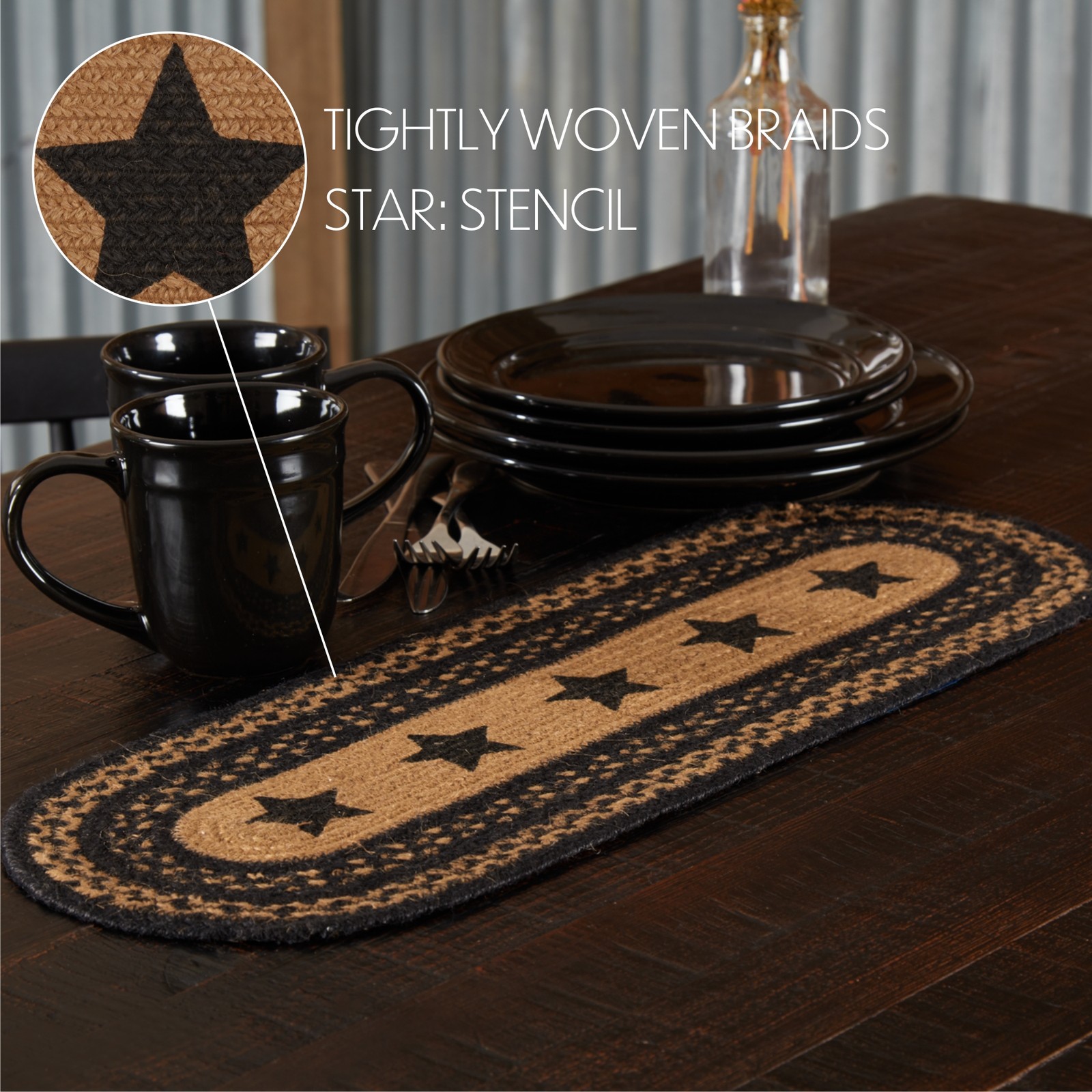 VHC Brands Table Runner Farmhouse Jute Primitive 8x24 Oval Stars Kitchen Decor