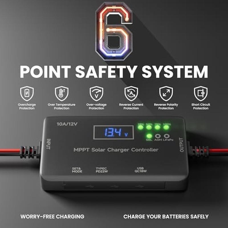 MPPT Solar Charge Controller 12V 10A W/ Type-C USB Output Solar Battery