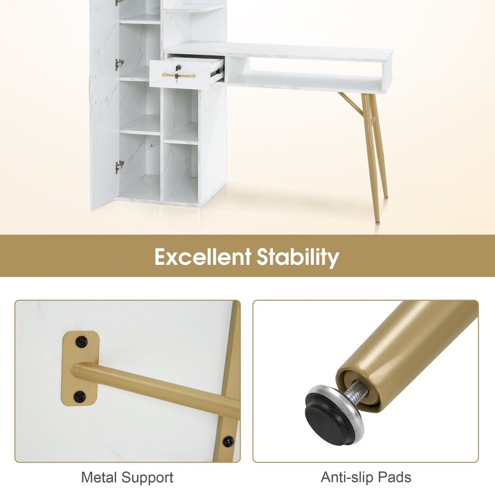 Manicure Table, Nail Desk with Marble Texture, Nail Table with Lockable Drawer