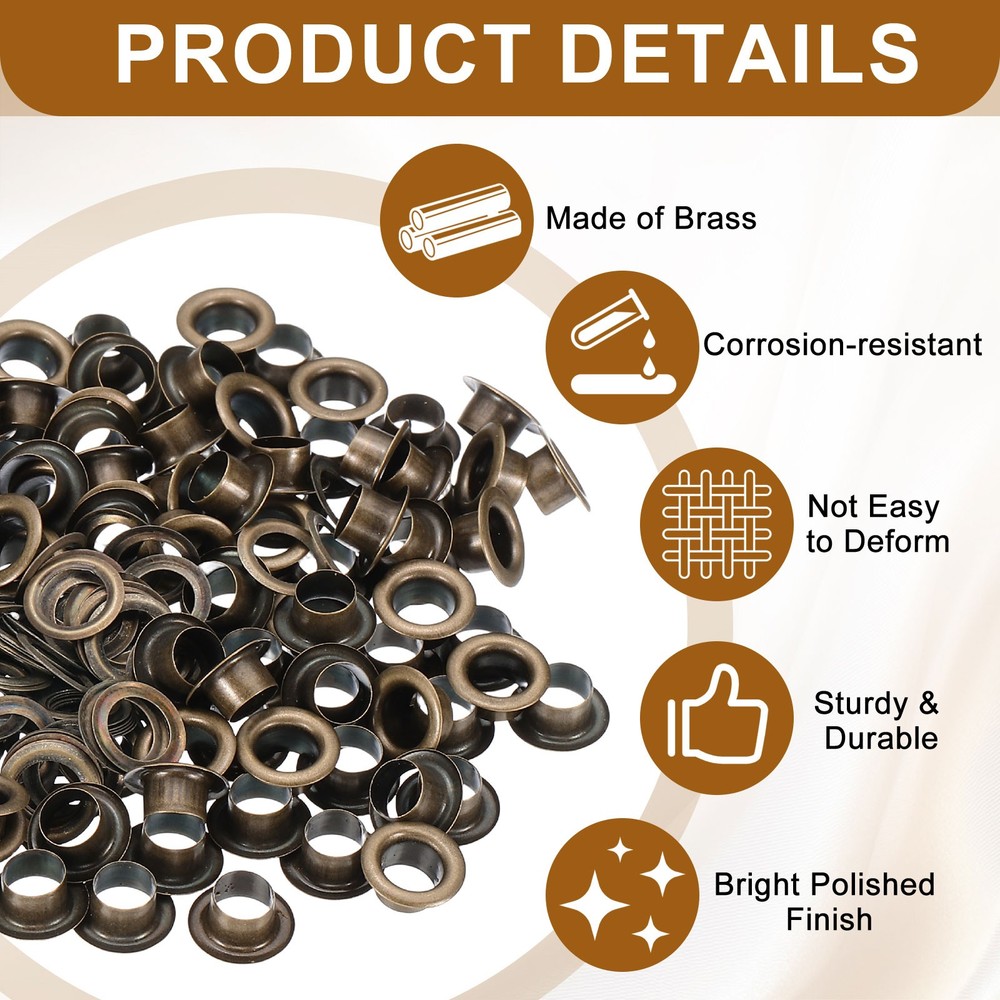 100 Sets Grommets Eyelets, 4.5mm Brass Self Backing Eyelets, Bronze