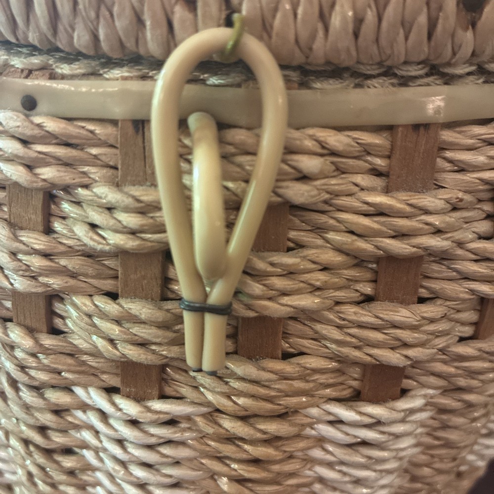 Vintage Round Woven Wicker Sewing Basket Small Boho lined w./ plastic insert