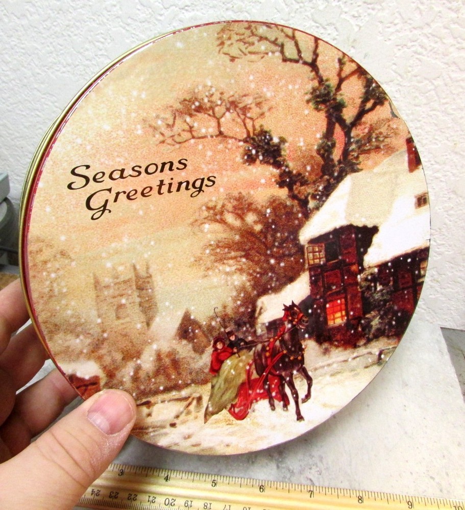 Seasons Greetings Winter Holiday Scene empty cookie tin, nice kitchen decor tin