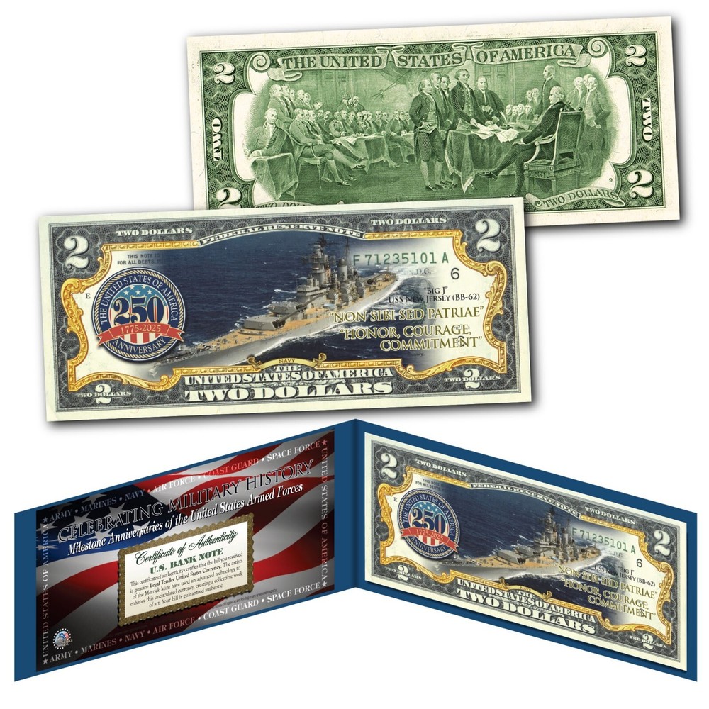 NAVY 250th ANNIVERSARY Authentic $2.00 Bill Armed Forces - US Military History