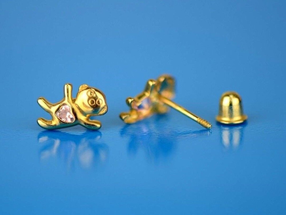 14k Yellow Gold CZ Bear Stud Earrings