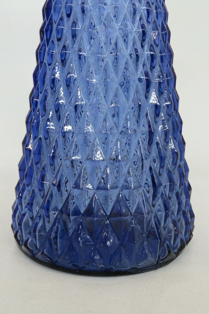 Diamond Point Pattern Blue Glass Pitcher Decanter Formed Spout Vase 2029B