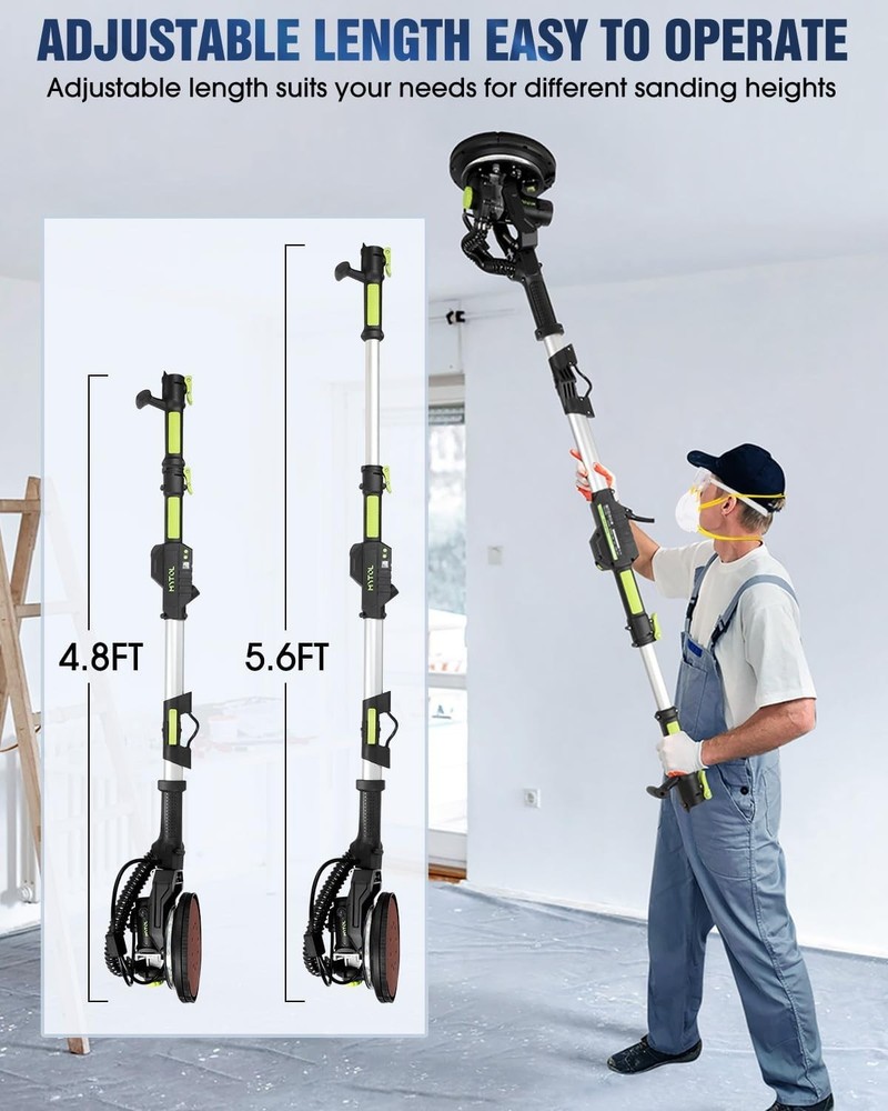 Versatile Corded 7.2A Drywall Sander with Powerful Vacuum & Extendable Handle