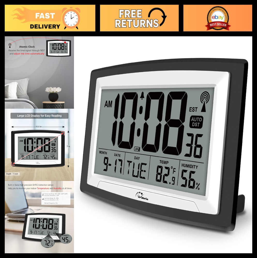 Atomic Clock with Indoor Temperature & Humidity - 12.5" Self-Setting Digital Wal