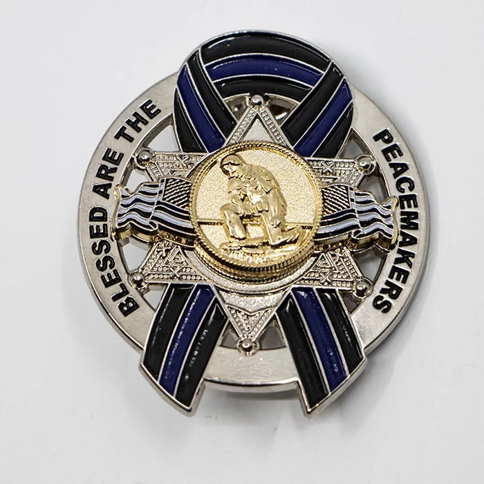 Blessed are the Peacemakers Thin Blue Line Ribbon Memorial 6 PT. Star Metal Pin