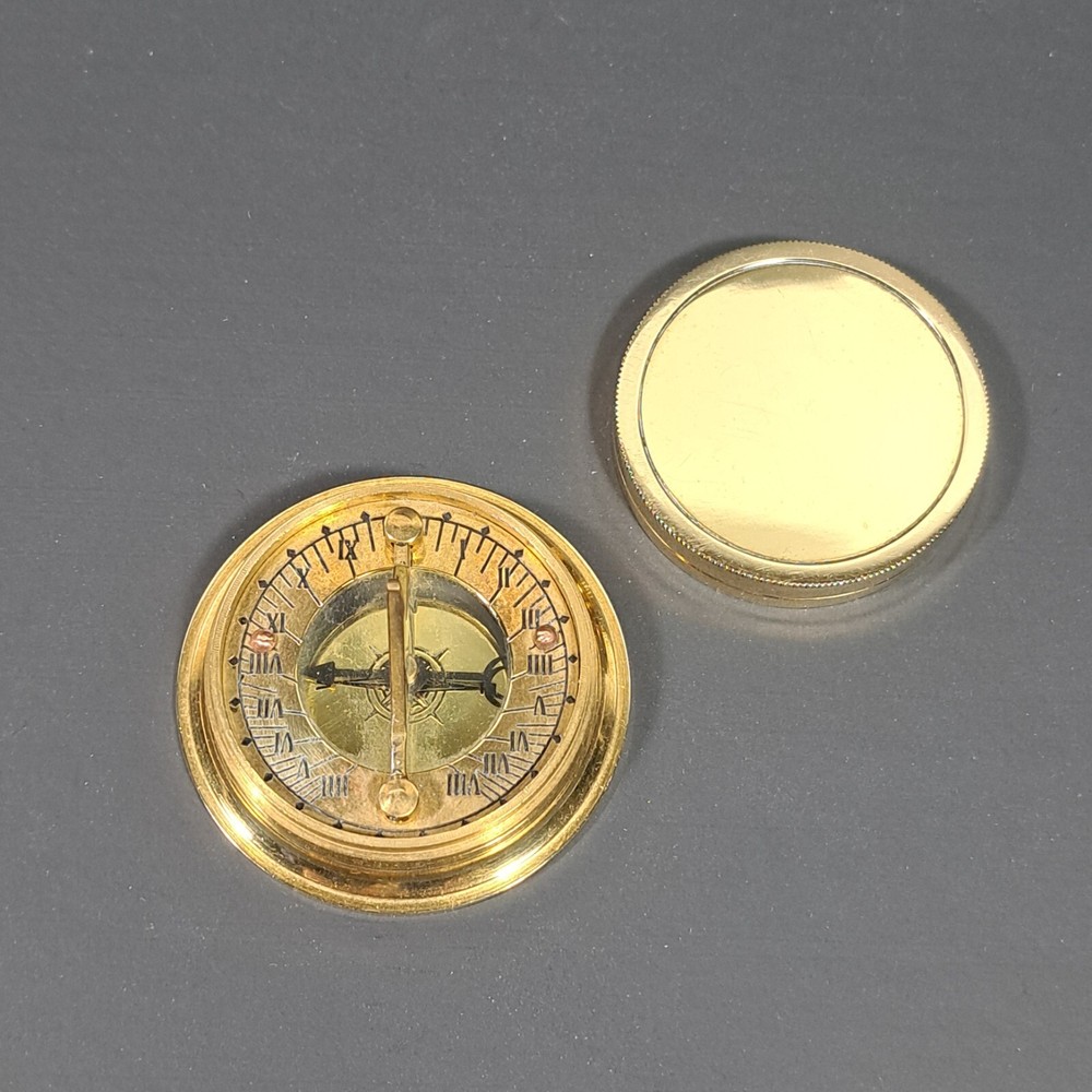 Vintage Solid Brass Compass with Folding Sundial - Maritime Navigation