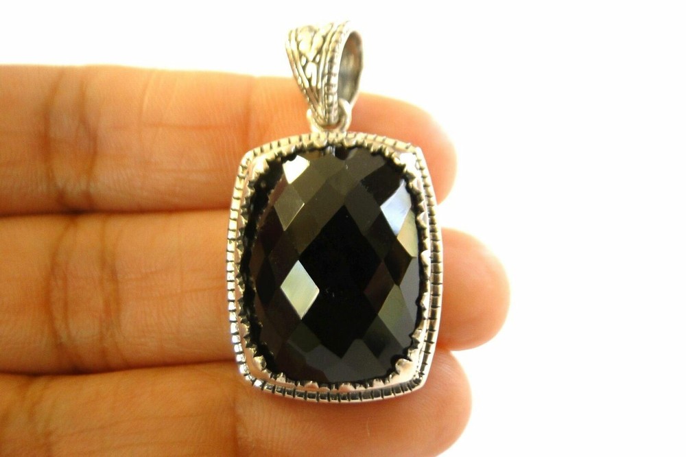 Rectangle Black Onyx Solitaire Ornate Edged 925 Sterling Silver Pendant