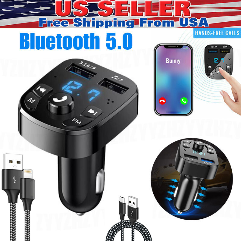 Bluetooth 5.0 Car Wireless FM Transmitter Adapter 2USB PD Charger AUX Hands-Free