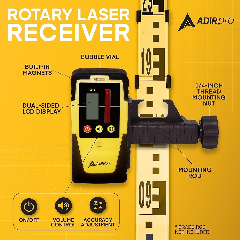Universal Laser Detector Receiver - Dual Display, 2000ft, Built-in Bubble Level