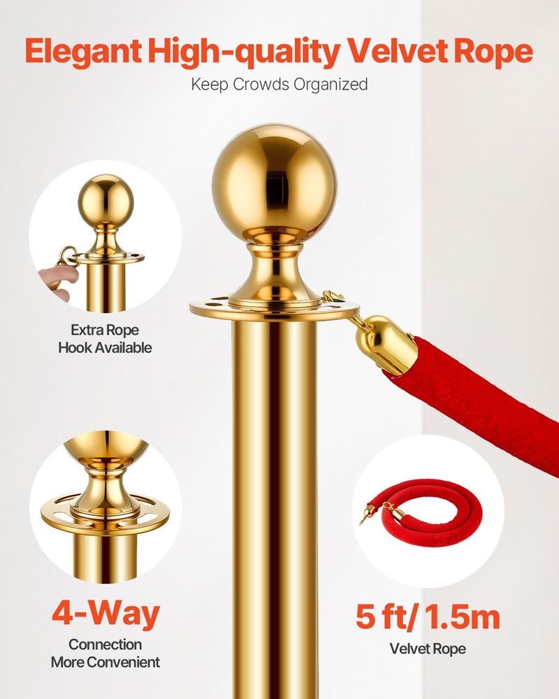 VEVOR 4Pcs Gold Stanchion Post Crowd Control Queue Barrier Sand Injection Base