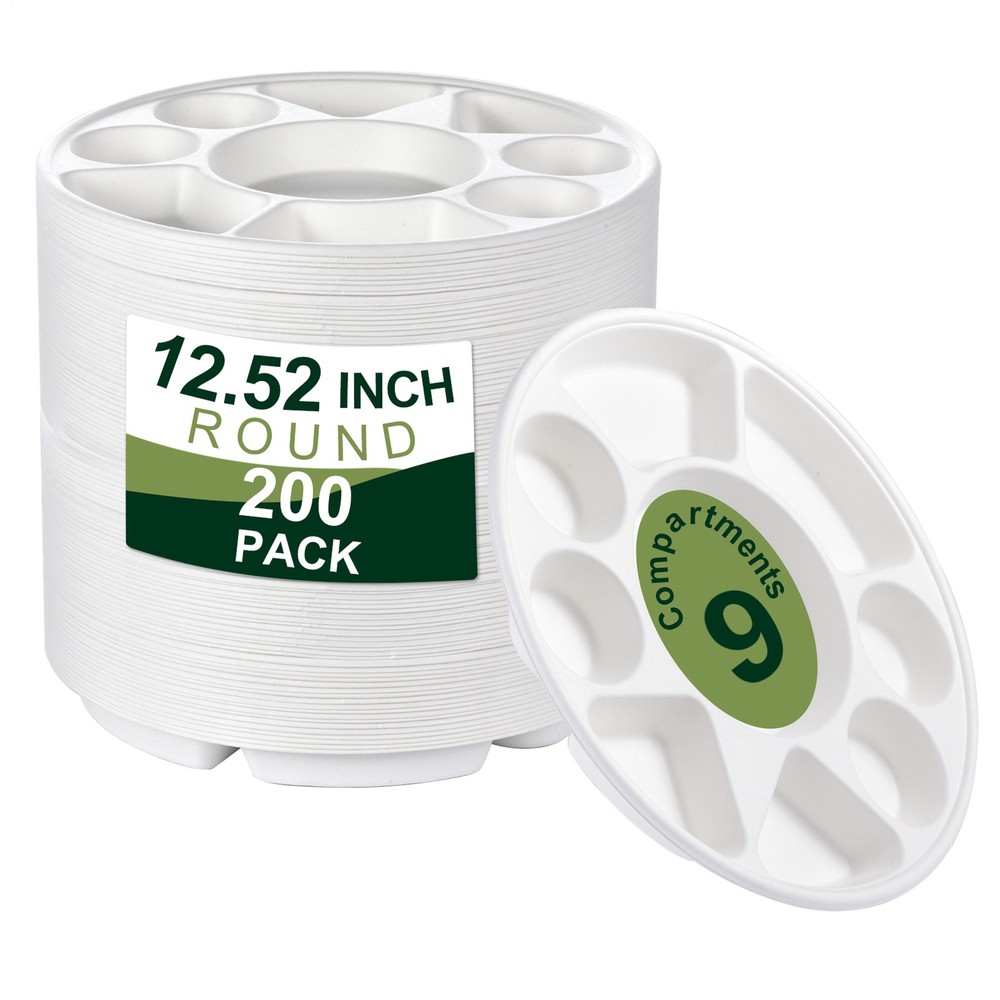 Disposable Plates With 9 compartment 100/200 Pcs Dinner Paper Plates compostable